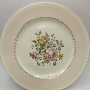 Homer Laughlin Georgian Eggshell Dinner Plate Floral Bouquet Gold Rim PinkBorder